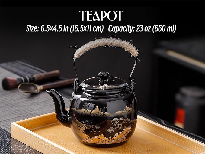 Traditional Japanese tea set, Japanese teapot set, Asian Black glazed tea set with 1 Teapot, 6 Tea cups, 1 Tea strainer, 1 Tea tray (Landscape Black) - Bloomnest