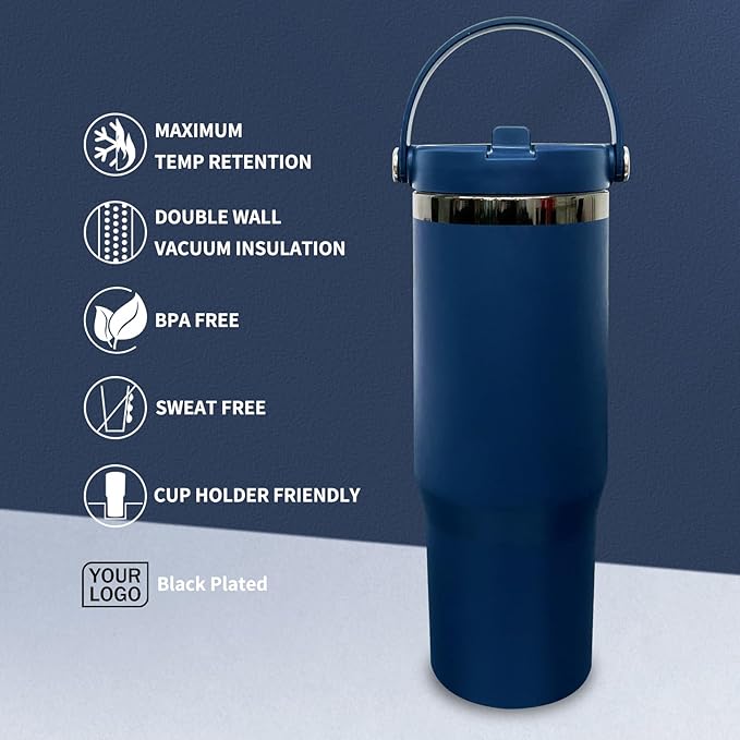 30 oz Tumbler with Handle, Double Wall Vacuum Insulated Tumblers with Flip Straw, Coffee Mug 30oz Powder Coated Cup for Hot and Cold Drinks(Black Plated, Navy,1 pack)
