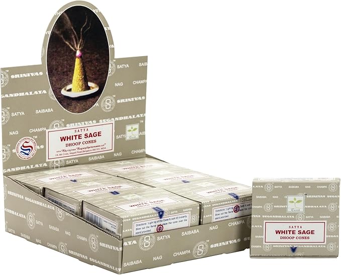 Satya Sai Baba White Sage Original Earth Marked Natural Masala Incense 144 Dhoop Cones in Pack of 12 Boxes | Best for Prayer, Meditation and Relaxation AROVATIKA