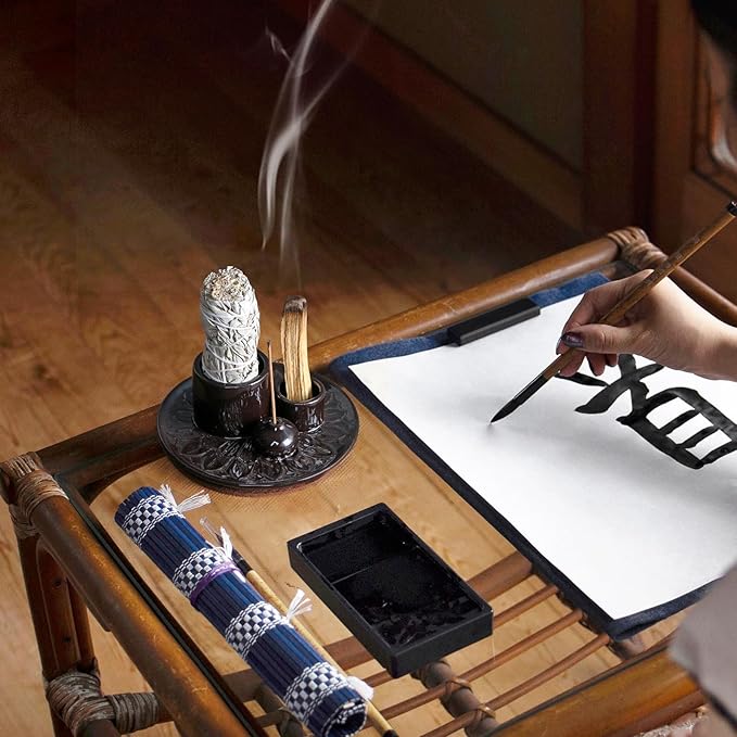 4 in 1 Ceramic Incense Holder, Palo Santo Stick Holder, Sage Holder for Burning, 5.2" Ash Catcher Tray for Meditation, Yoga & Home Decor (Black)