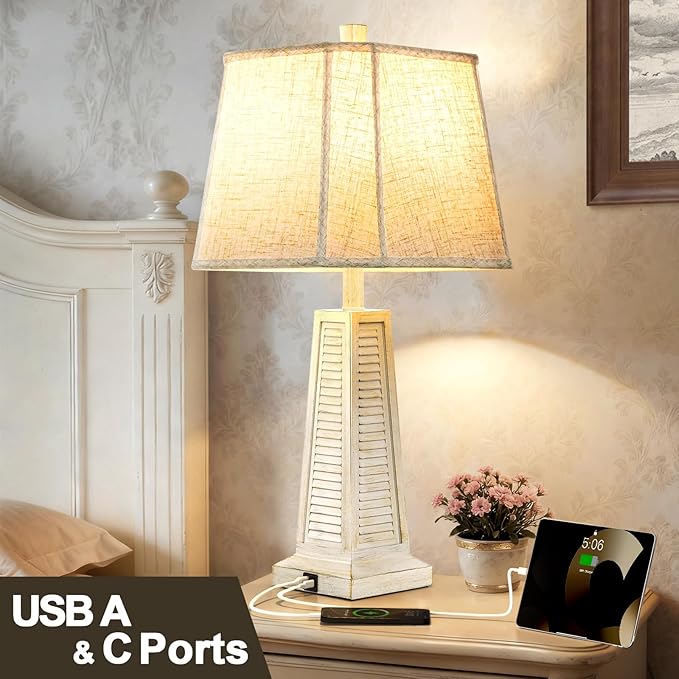 25.94'' Vintage Table Lamp Traditional Bedside Lamp with 2 USB Ports Rustic Farmhouse Nightstand Lamp with Linen Lampshade Desk Lamp for Living Room Bedroom, 9W Bulb Included - Bloomnest
