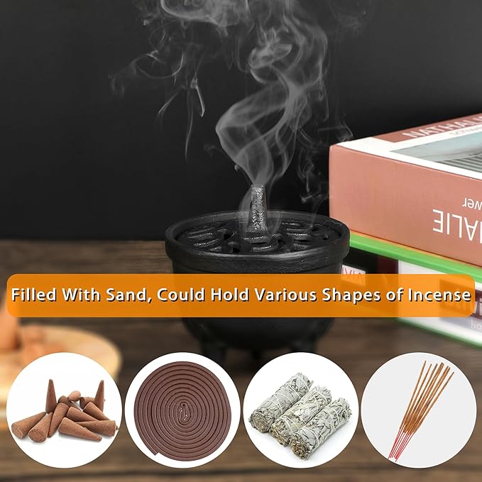 JUXYES Vintage Tripod Incense Burner Holder with Lid, Cast Iron Incense Holder Metal Cauldron Censer Antique Cone Coil Incense Burner Holder for Incense Resins, Cones, Charcoal or Wax Melts - Bloomnest
