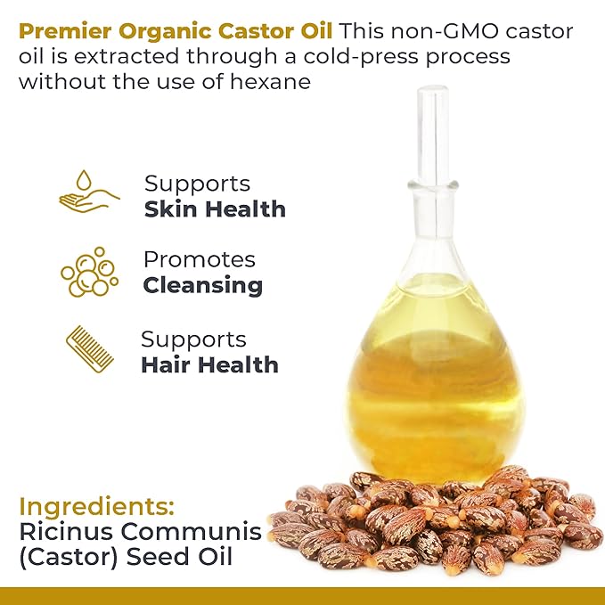 Premier Research Labs Organic Castor Oil for Face - Cold Pressed 100% Pure Castor Oil for Hair Growth, Skin & Body, Hexane Free - 8 Oz Bottle - Bloomnest