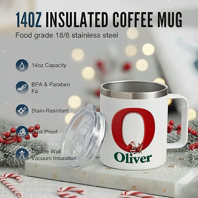 Personalized Christmas Insulated Mug w/Handle, Custom Initial Name, Santa Reindeer Design, Stainless Steel Tumbler, Hot/Cold Drinks, Unique Holiday Gift for Men, Women, Kids(B121) - Bloomnest