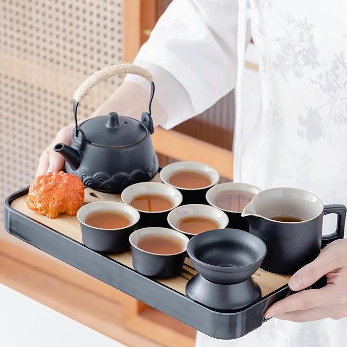 ICHAG Japanese & Chinese Tea Set, Adults' Portable Gongfu Tea Set with Teapet with Porcelain Teapot, 8oz Teapot,14-Piece 茶具 for Home/Outdoor/Office Gifts (Gray) - Bloomnest