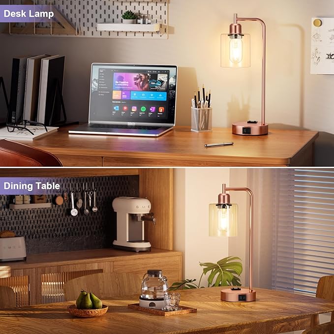Innqoo Industrial Touch Table Lamps for Bedrooms Set of 2-3-Way Dimmable Lamps with USB C+A Ports and Outlet, Copper Bedside Lamps with Clear Glass Shade for Living Room, Desk Lamps for Home Office - Bloomnest