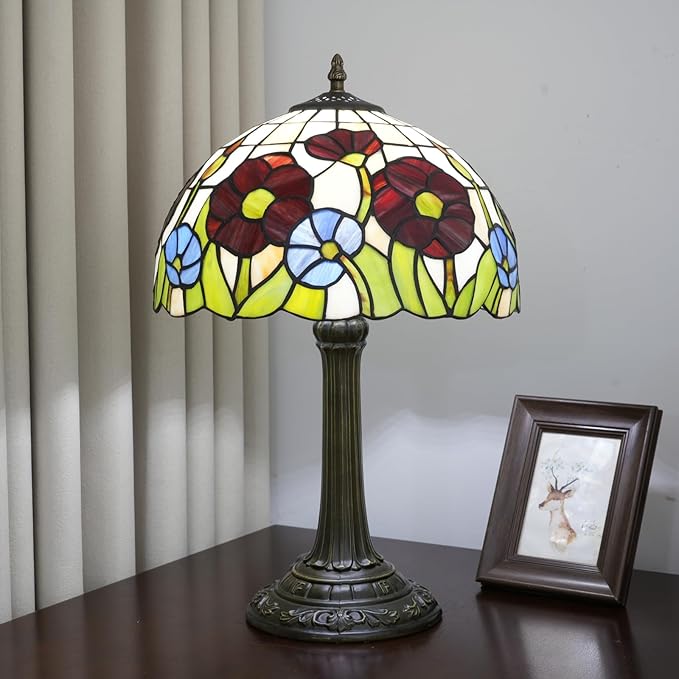 Tiffany Lamp Red Poppy Flowers Stained Glass Table Lamp Vintage Bedroom Desk Light for Home Dorm Office Art Craft Antique Decor Accent Aesthetic Nightstand Reading Light - Bloomnest