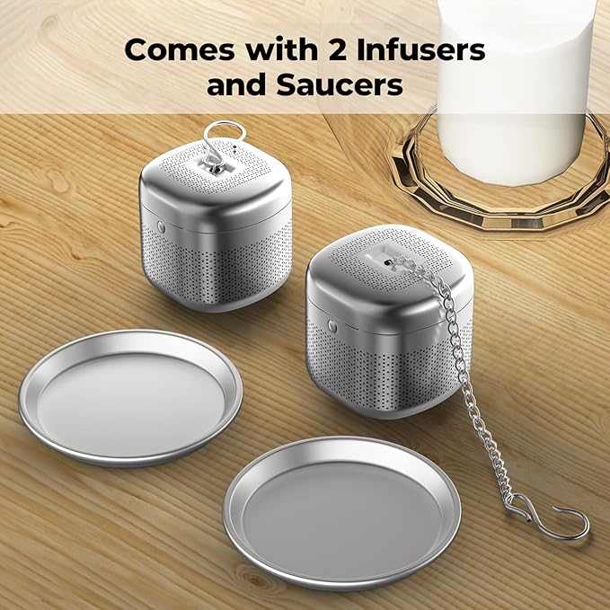 Reinmoson 2 Pack Tea Balls for Loose Tea, 304 Stainless Steel Extra Fine Mesh Tea Infusers for Loose Tea, Retractable Chain Design Tea Strainers for Loose Leaf Tea Single Cup, Come with 2 Drip Trays - Bloomnest