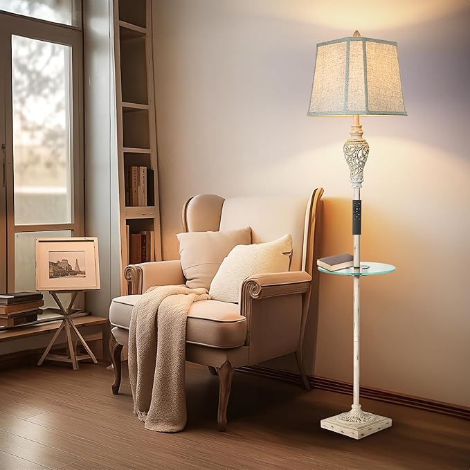 Rustic Floor Lamp, Living Room Lamps with Glass Tray, stepless diming Floor Lamp with Remote Control and USB A&C Charging Ports for Living Room Bedroom Office Smart Bulbs Included - Bloomnest