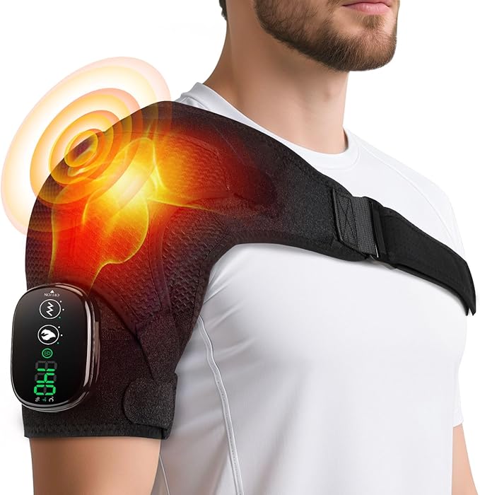Cordless Shoulder Heating Pad with Vibration for Rotator Cuff Pain Relief, Heated Shoulder Massage Pad, Rotator Cuff Support Brace with 3 Heating Levels &3 Vibration (Black) - Bloomnest