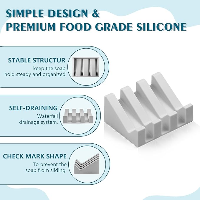 Self Draining Soap Dish Holder,Silicone Soap Dish,for Bathroom,Kitchen, Sponges，Can Extend Soap Life，Keep Soap Bars Dry and Easy Cleaning (Light Grey,2-Pack) - Bloomnest