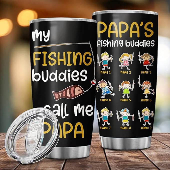 Custom My Fishing Buddies Call Me Papa Dad Personalized Tumbler Cup Father's Day Gift, Fishing Lovers 20oz Insulated CoffeeTea Tumbler with Lid - Bloomnest