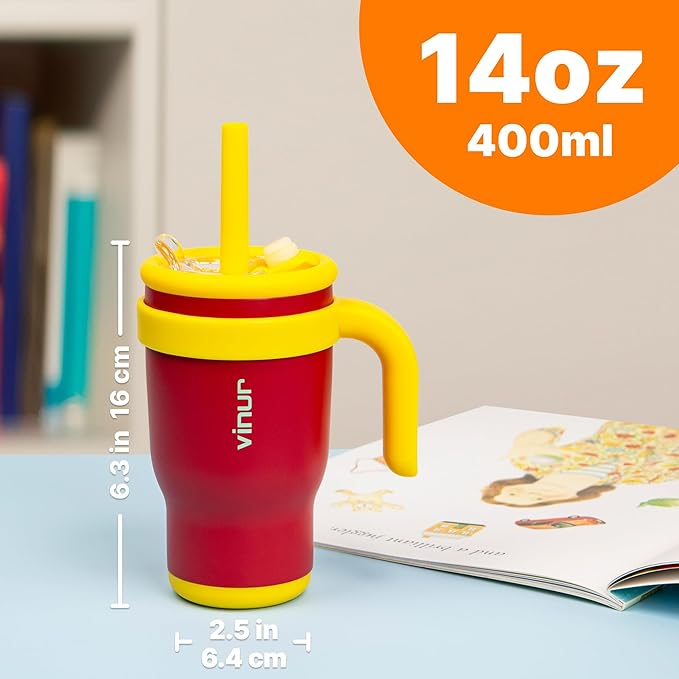 VINUR Kids 14 oz Tumbler with Handle and Straw Lid | Leak Resistant | Reusable Stainless Steel Insulated Tumbler Travel Water Mug with Rubber Base-Cup Holder Friendly, Canyon Red - Bloomnest