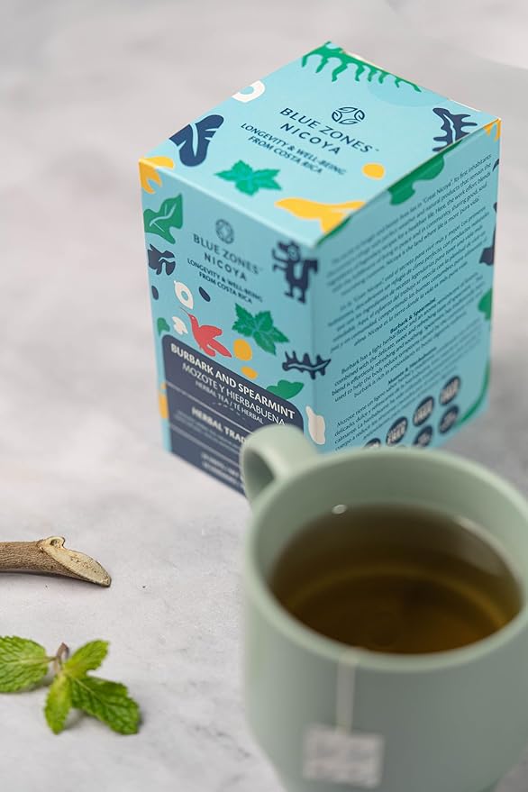 Blue Zones Nicoya - Burbark & Spearmint Flavored Tea Bags - 100% Natural, Organic, and Refreshing - High Micronutrients - Gluten, Caffeine, Sugar-Free - Pack of 18 (1.59 oz/ 45 g) - Bloomnest