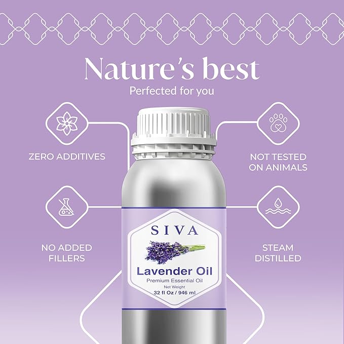 Siva Lavender Essential Oil – 32 Fl Oz – 100% Natural Lavender Oil - for Diffuser, Hair Care, Face, Skin Care, Aromatherapy, Scalp and Body Massage, Soap and Candle Making SIVAOrganics