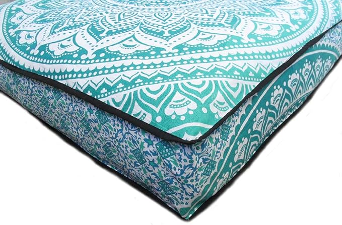 INDIAN CRAFT CASTLE ICC 24" Green Ombre Mandala Barmeri Large Floor Pillow Cover Cushion Meditation Seating Ottoman Throw Cover Hippie Decorative Zipped Bohemian Pouf Ottoman Pom Pom Cases 24" Square - Bloomnest