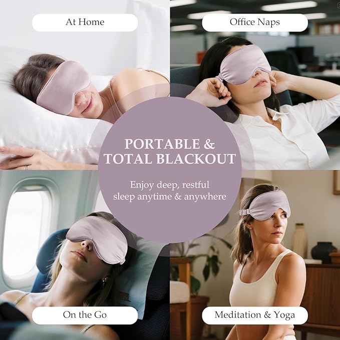 100% Mulberry Silk Sleep Mask for Unisex, 22 Momme 3D Silk Contoured Eye Mask, Breathable Light Blocking Blindfold with Adjustable Strap, Blackout Eye Cover for Travel, Dusty Purple - Bloomnest