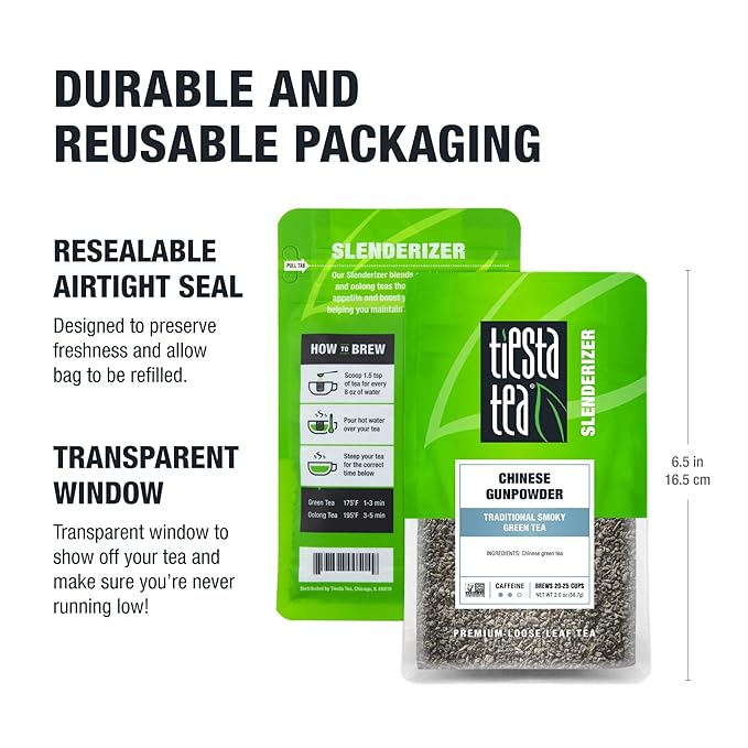 Tiesta Tea - Chinese Gunpowder, Loose Leaf, Traditional Smoky Green Tea, Premium Aromatic Blend, Medium Caffeinated Green, Make Hot or Iced Brews Up to 25 Cups, 2 Ounce Resealable Pouch - Bloomnest