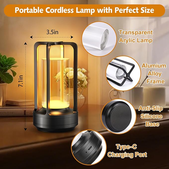 Portable Table Lamp for Outdoor Indoor: Cordless Rechargeable Desk Lamp with 3 Color Stepless Dimmable - Metal Battery Operated Small Lantern Light for Restaurant/Bedroom/Bar/Coffee Shop/Camping - Bloomnest