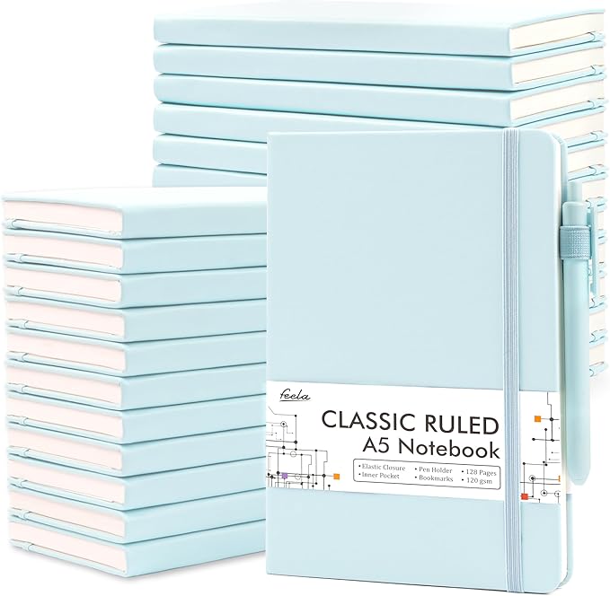 feela 24 Pack Journal Notebook Bulk for Work, Business Notebook Hardcover Lined Writing Journal with Pen Holder for Students Women Note Taking, with 24 Black Pens, 120 GSM, 5.1”x8.3”, A5, Sky Blue - Bloomnest