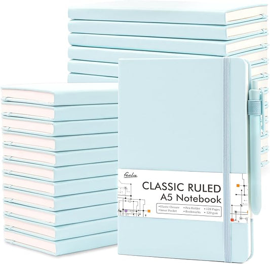 feela 24 Pack Journal Notebook Bulk for Work, Business Notebook Hardcover Lined Writing Journal with Pen Holder for Students Women Note Taking, with 24 Black Pens, 120 GSM, 5.1”x8.3”, A5, Sky Blue - Bloomnest