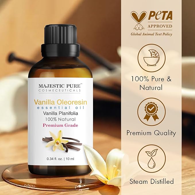 Majestic Pure Vanilla Essential Oil with Glass Dropper - 0.3 Fl Oz - 100% Pure and Natural Vanilla Oil - Premium Grade Essential Oils for Diffuser, Aromatherapy, Soap and Candle Making - Bloomnest