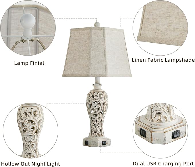 Set of 2 Rustic Table Lamps for Living Room Bedroom, Farmhouse Vintage Nightstand Lamp with 2 USB Ports, Hollow Out Resin Lamp for End Table with Nightlight, Bulbs Included (Wash White) - Bloomnest