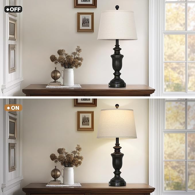 26" Black Table Lamps Set of 2 with USB C+A Ports & AC Outlet for Farmohouse Living Room Retro Bedroom,3-Way Dimmable Touch Lamp Resin Bedside Lamps for Nightstand Side End Table,Black - Bloomnest