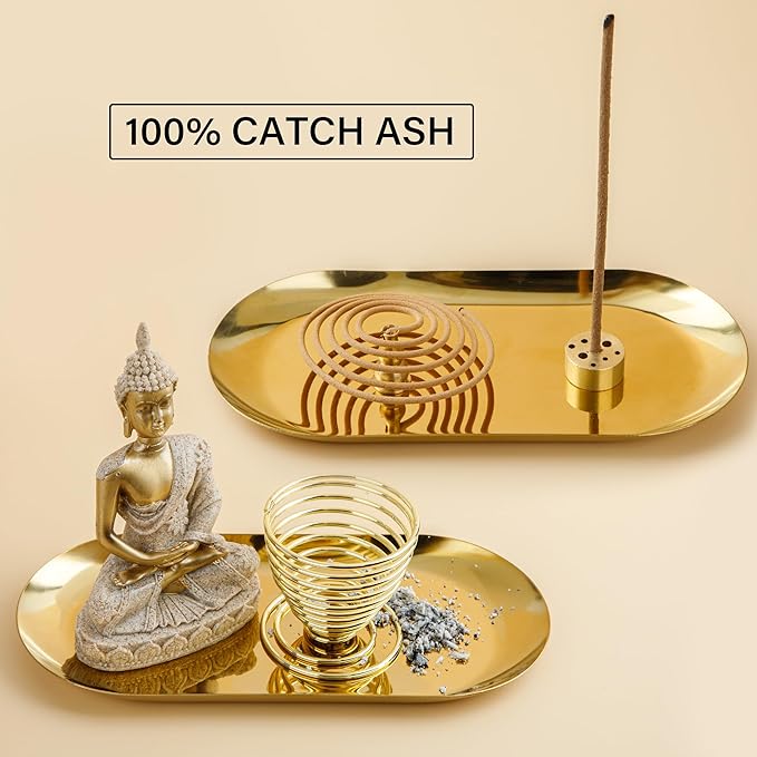 ZenBless 6 in 1 Incense Holder - Palo Santo, Buddha Statue, Sage & Incense Burner Holder for Sticks/Coil/Cones, Gold Oval Ash Catcher - Bloomnest