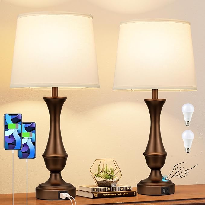 Seealle Upgraded Touch Lamps for Night Stands Set of 2 - Bedside Lamps with USB C+A, 3 Way Dimmable for Bedroom Living Room End Tables Office (White&Brown) - Bloomnest
