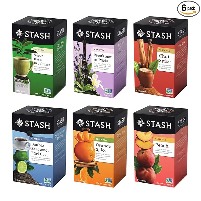 STASH Black Tea Variety Pack – Caffeinated, 6 Boxes of 18-20 Tea Bags Each – Orange Spice, Peach, Double Bergamot Earl Grey, Chai Spice, Super Irish Breakfast & Breakfast in Paris - Bloomnest