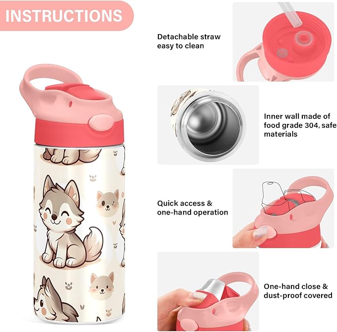 Cute Wolf Dog Kids Insulated Water Bottle, Toddlers Tumbler Travel Cup with Straw & Handle Stainless Steel Cup for Travel School Girls 12 oz - Bloomnest