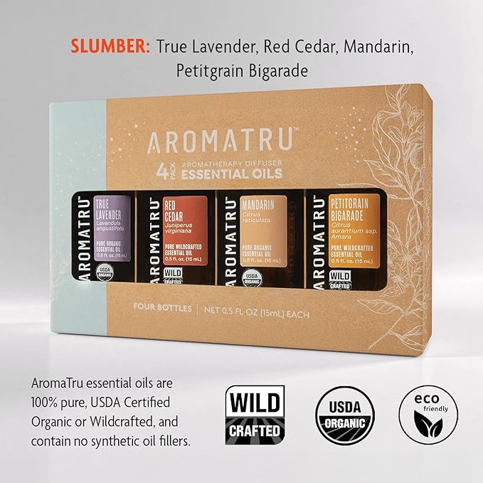 Slumber Essential Oil Kit – True Lavender, Red Cedar, Mandarin, and Petitgrain Bigarade – Organic & Wildcrafted – ISO Certified – No Synthetic Fillers – Ethically Sourced - Bloomnest