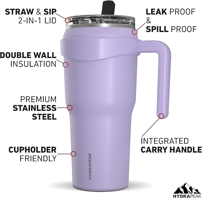 Hydrapeak Roadster 40oz Stainless Steel Tumbler Double Wall Vacuum Insulated Water Bottle With Handle And 2 in 1 Straw Lid (Orchid) - Bloomnest