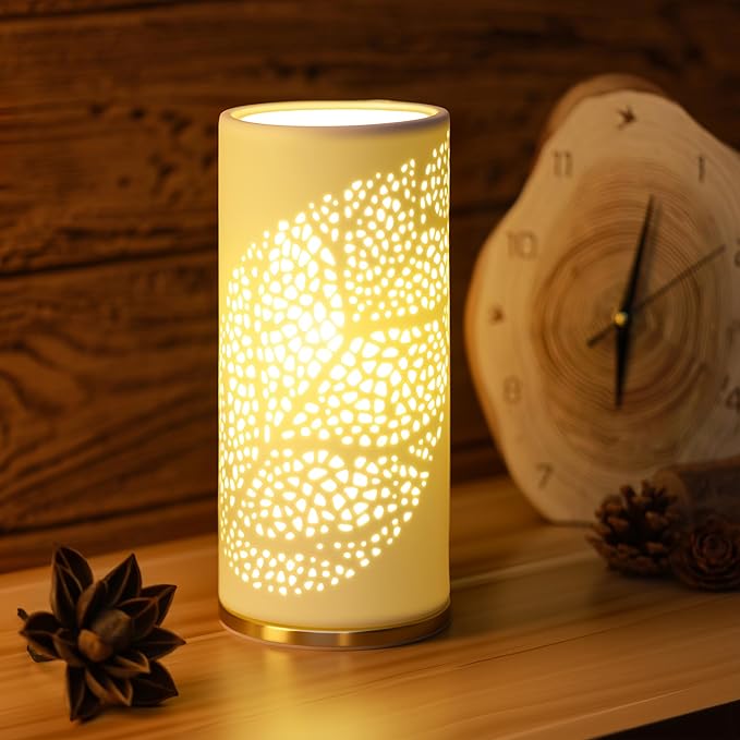 Small Modern Ceramics Bedside Table Lamp, 4.5 x 4.5 x 9.75 Inch White Olive Leaf Style Nightstand Lamps, Side Table Lamps for Bedroom Living Room Entryway Table Light
