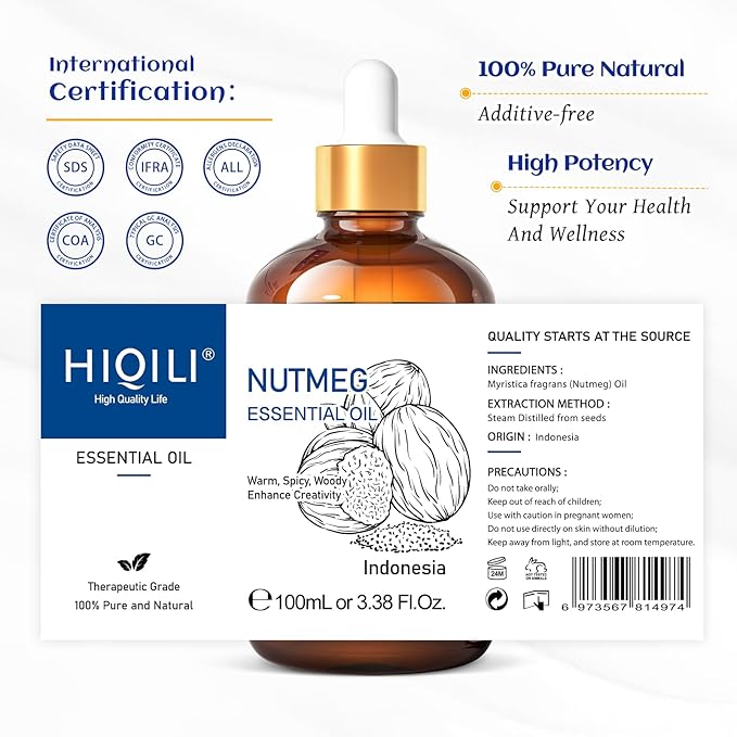 HIQILI Nutmeg Essential Oil 3.38 Fl Oz, Pure Natural Nutmeg Oil for Aromatherapy, Diffuser - 100ml - Bloomnest