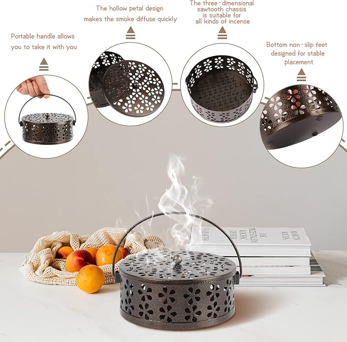 Portable Iron Mosquito Coil Holder with Handle Round Heat-Resistant Incense Holder for Home Office Camping (Bronze) - Bloomnest