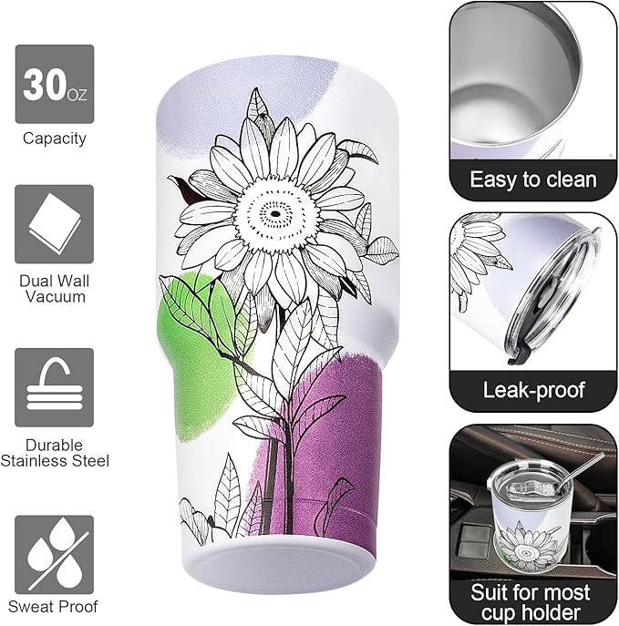 30 oz Tumbler with Lids and Straws Double Wall Insulated Tumbler Cup,Stainless Steel Leak-proof Thermal Coffee Tumbler Powder Coated Travel Mug for Cold and Hot Beverages,Sunflower - Bloomnest