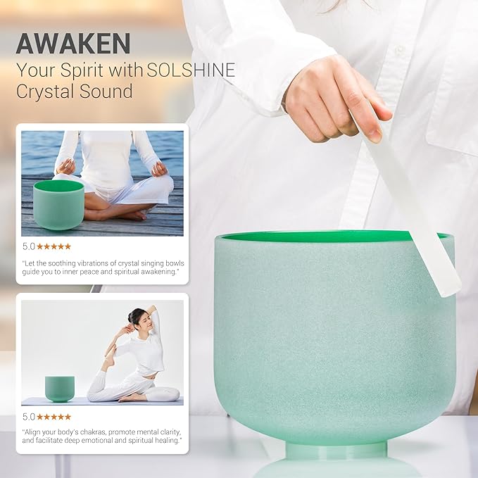 432hz 8 inch Green F Note Heart Chakra Quartz Crystal Singing Bowl with Resonance Striker for Healing Mindfulness Meditation Yoga Sound Baths - Bloomnest