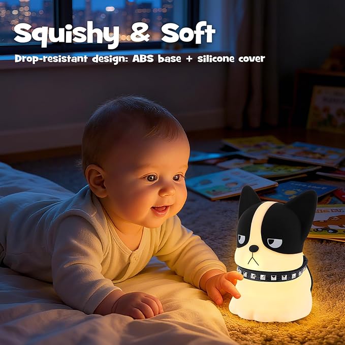 Squishy Puppy Night Light with RGB Mode 3 Brightness Adjustable Nursery Breastfeeding Nightlight Cute Novelty French Bulldog Animal Lamp Rechargeable Silicone Touch Bedside Lamp for Bedroom Dorm Decor - Bloomnest