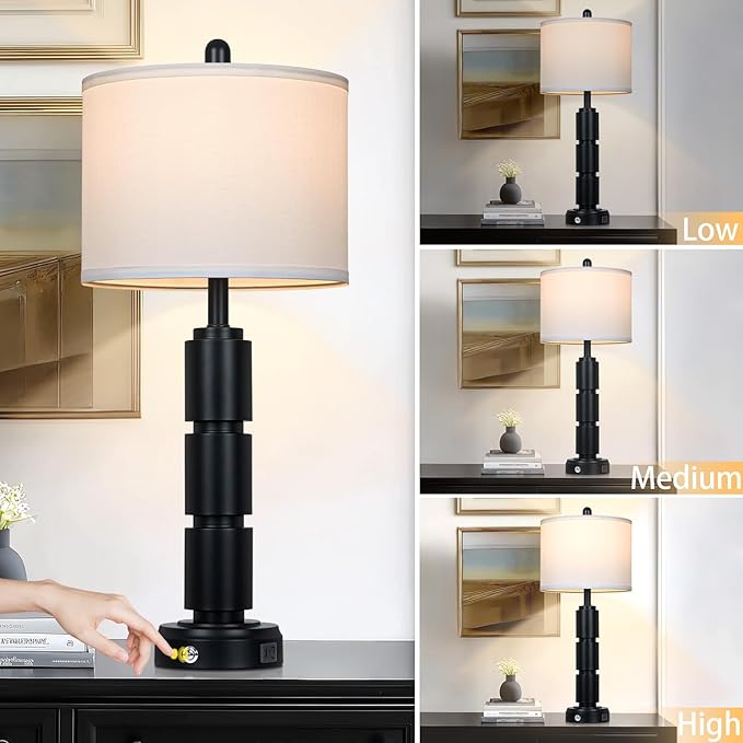 Set of 2 Modern Table Lamps for Living Room Bedroom,29" Tall Bedside Lamp with 2 USB Port,Black Metal Touch Nightstand Lamp for Desk End Side Table Entryway,Black - Bloomnest
