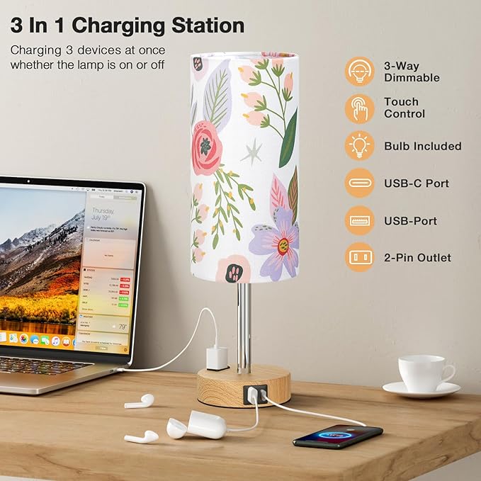 Fenmzee Floral Touch Lamp for Bedroom- 3 Way Dimmable Bedside Lamp USB C A Charging Ports and AC Outlet, Small Table Lamp Floral Linen Lampshade for Gift, LED Bulb Included - Bloomnest