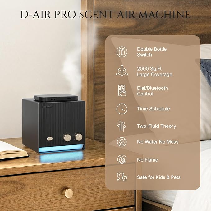 Smart Aroma Dual-Scent Waterless Essential Oil Diffuser, Cold Air Tech Scent Air Machine for 2000 Sq Ft, 2×200ml Hotel Collection Diffuser for Home & Office (Black Titanium, Two Scents)