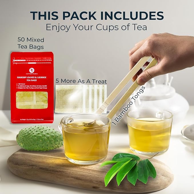 Soursop Leaf Tea with Celastrus Hindsii & Licorice - 55 Count (+5 Tea Bags) - 4.44 oz, Bamboo Tong Include, Re-Steep Corn Based Tea Bags, Natural Herbal Tea for Comfort Relax - Bloomnest