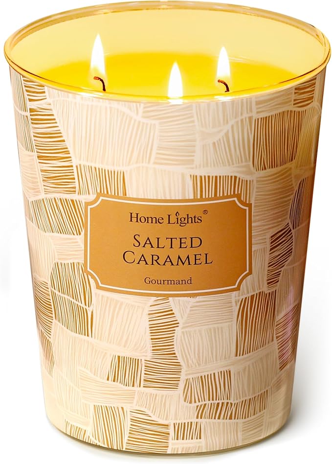 HomeLights Large jar Candle | 3-Wick Long-Lasting Scented Candles, 34oz Natural Soy Wax Candle for Home Scented, Rustic Modern Gifts for Women & Men, Salted Caramel - Bloomnest