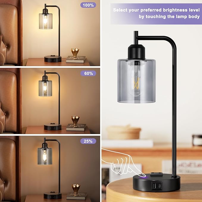 Innqoo Industrial Touch Bedroom Lamps for Bedrooms Set of 2-3-Way Dimmable Table Lamps with USB C+A Ports and Outlet, Bedside Lamps with Gray Glass Shade for Living Room, Desk Lamps for Home Office - Bloomnest