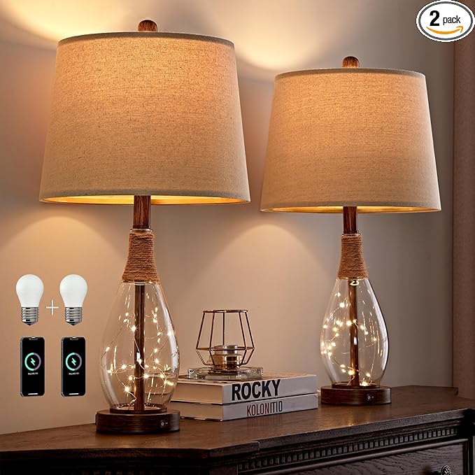 OYEARS 23" USB A+C Table Lamp Set of 2 Modern Bedside Lamps Retro Farmhouse Rattan Glass Nightstand Nightlight Lamps for Bedroom Living Room Dorm,Two Light Points - Bloomnest