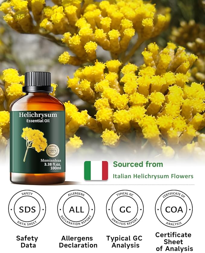 Helichrysum Essential Oil Pure, Mumianhua Natural Helichrysum Oil for Reed Diffusers, Home Humidifiers, Skin, Hair, Massage, DIY, Self-Care, Aromatherapy, Soap, Candle Making 3.38 Fl oz - Bloomnest