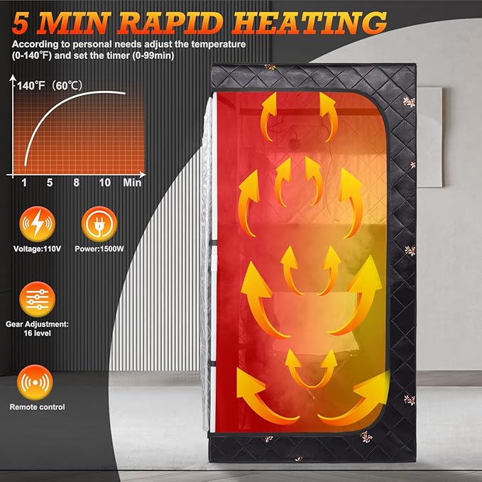 Smartmak Full Size Portable Home Sauna Kit, 1 Person Far Infrared Sauna, Full Body Sauna Tent for Relaxation, with Timer & Temperature Remote Control, Foot Heating Pad,Upgraded Folding Chair - Black Smartmak