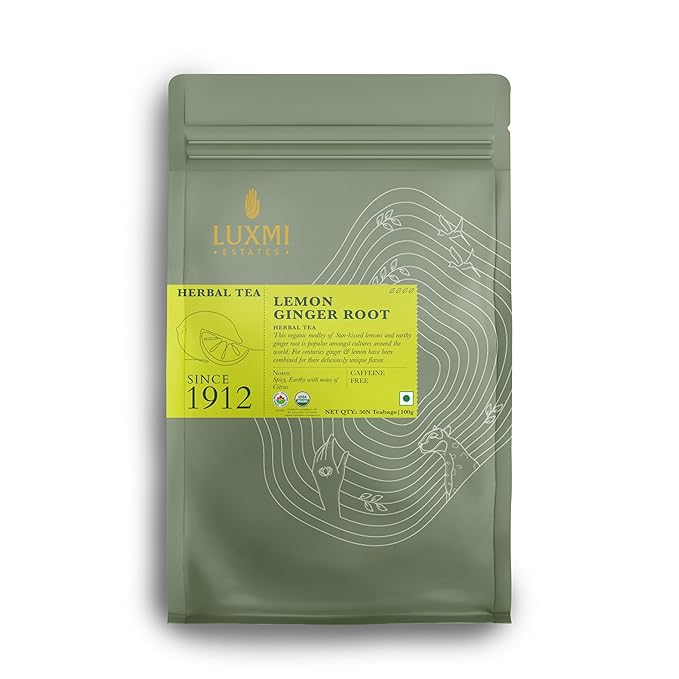 Luxmi Estates Organic Lemon Ginger Tea (50 Tea Bags), Lemon Peel, Ginger, Lemongrass and Licorice for sore throat, aids digestion, help with Nausea, and Uplifts Your Mood - Bloomnest